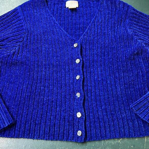 Moda Int'l Women's Blue Button Front Cropped Ribbed Cardigan Sweater Large - Picture 8 of 8